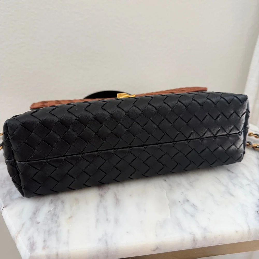 Brown Black Two-Tone Woven Leather Top Handle Crossbody Chain Strap Bag - Picture 8 of 14